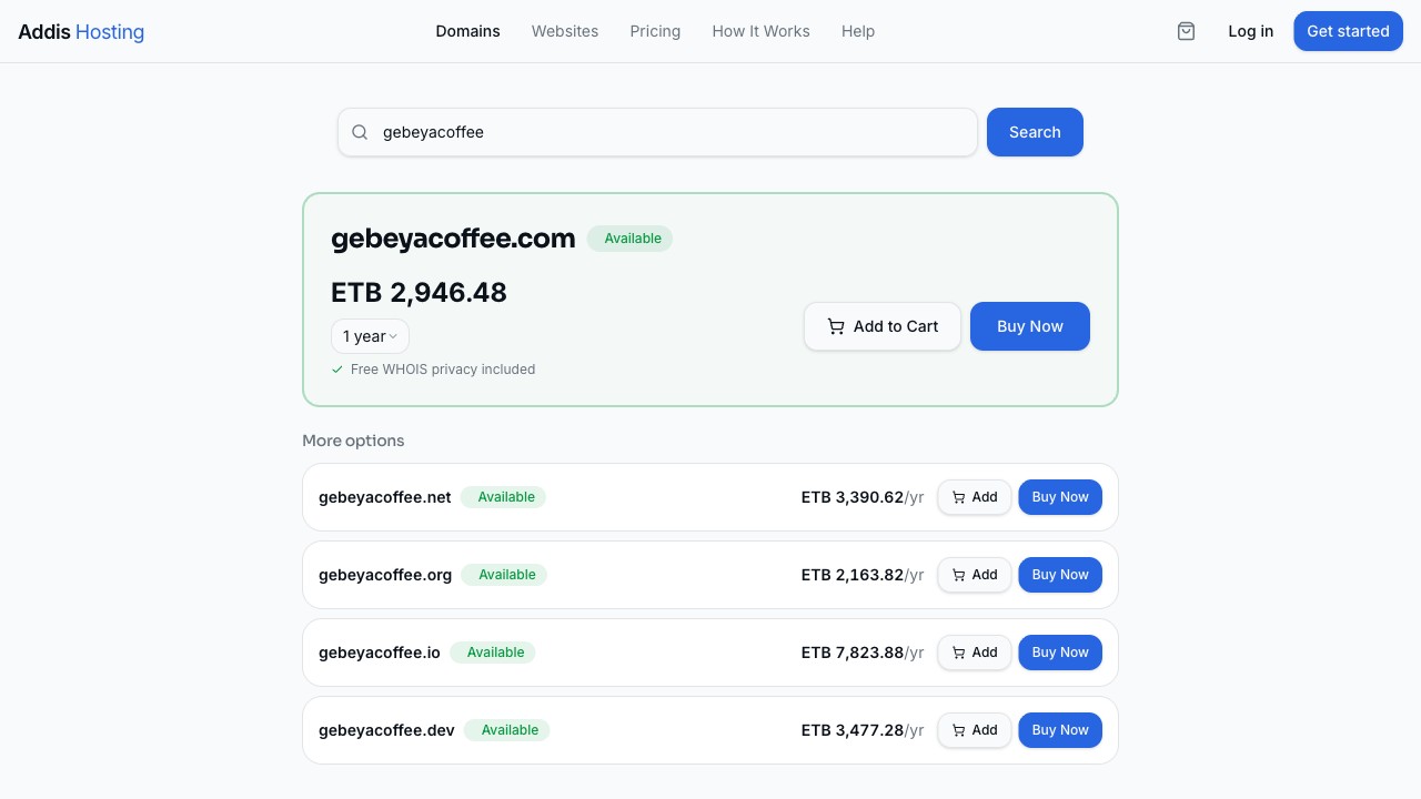 Addis Hosting domain search results with ETB pricing